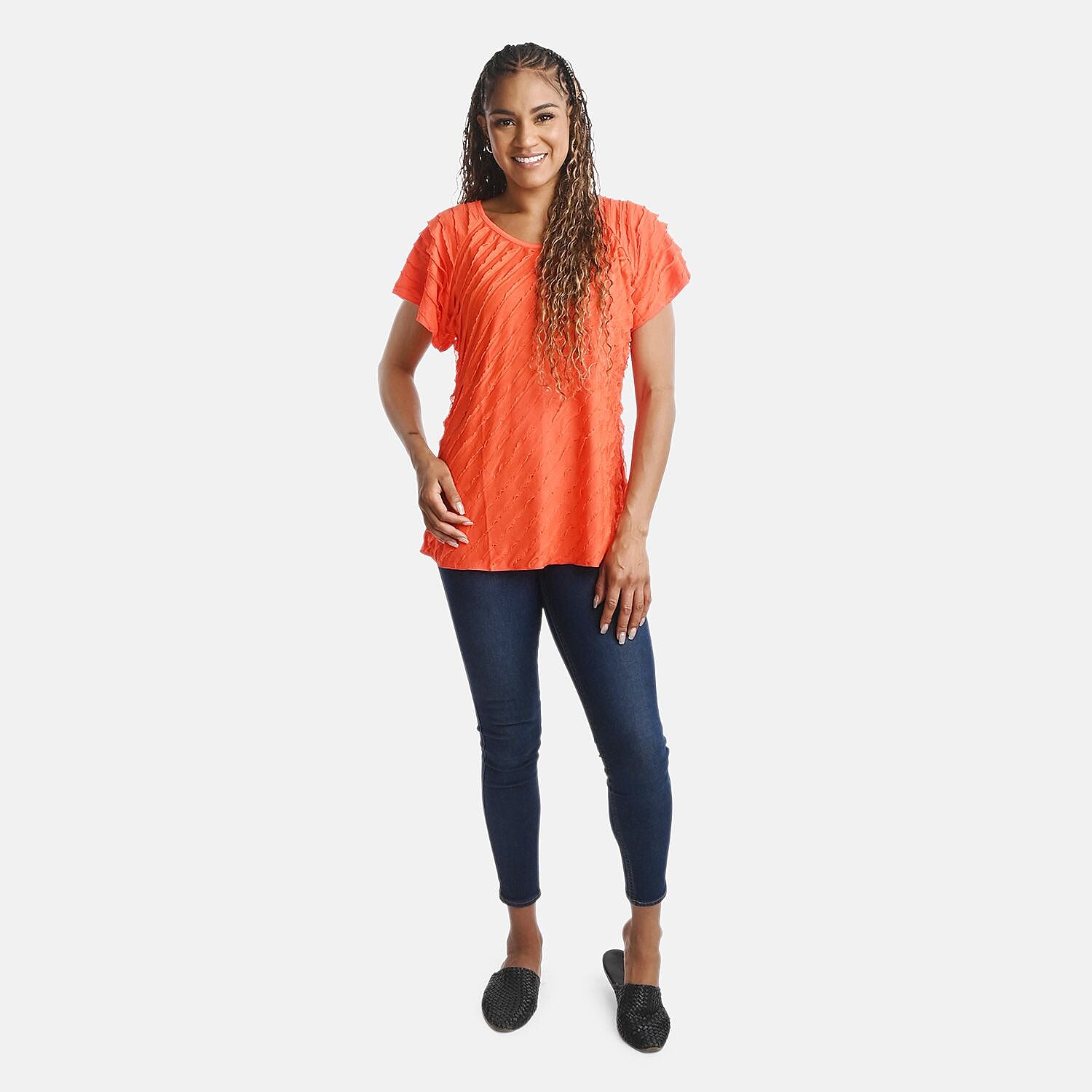 shop lc BRITANY BLACK Orange Stretch Tiered Ruffle Short Sleeve Top - L