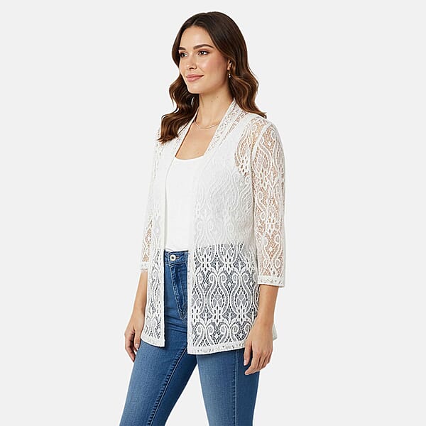 Shop Lc BRITANY BLACK White Long Sleeve Lace Sequin Cardigan - L