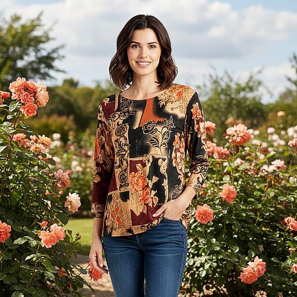 Shop Lc Brittany Black Red Floral Colorblock 3/4 Sleeve Blouse - L