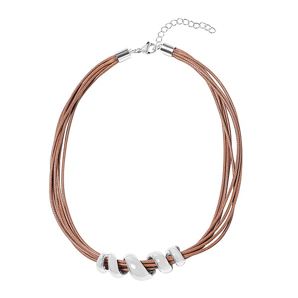 Shop Lc Brown Faux Leather Cord Twist Bracelet (7-8.50In) And Necklace 16-18In In Stainless Steel