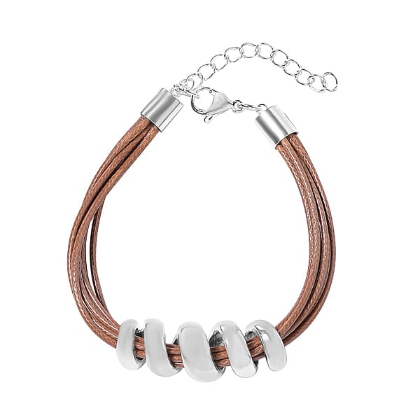 Shop Lc Brown Faux Leather Cord Twist Bracelet (7-8.50In) And Necklace 16-18In In Stainless Steel