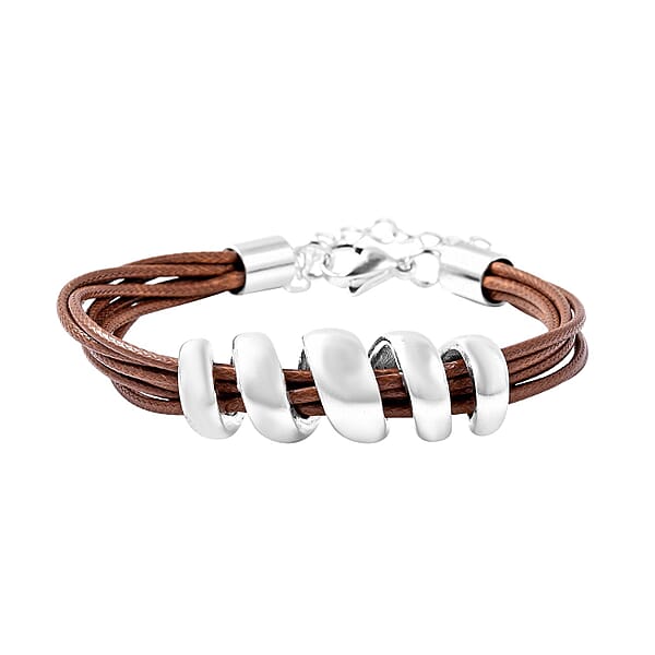 Shop Lc Brown Faux Leather Cord Twist Bracelet (7-8.50In) And Necklace 16-18In In Stainless Steel