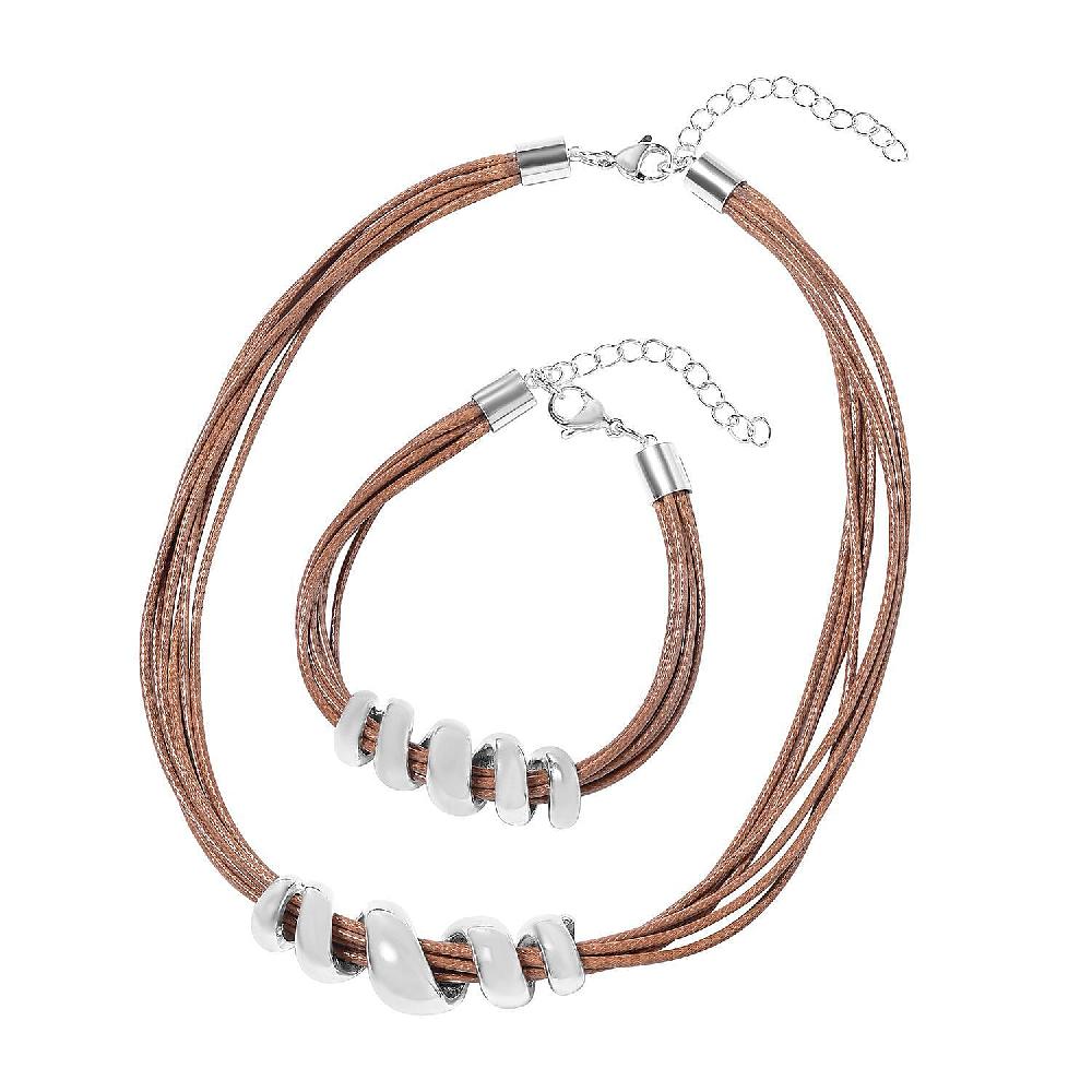 shop lc Brown Faux Leather Cord Twist Bracelet (7-8.50In) and Necklace 16-18In in Stainless Steel
