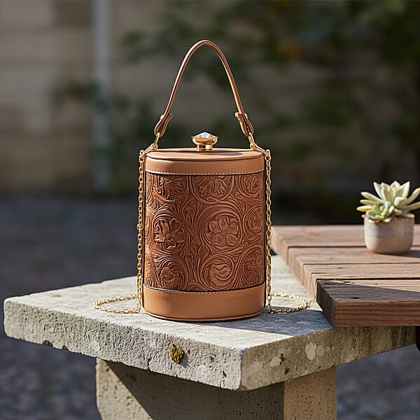 Shop Lc Brown Flower Embossed Faux Leather Cylinder Clutch Bag With Shoulder Strap