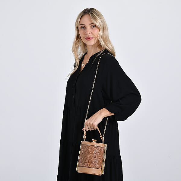 Shop Lc Brown Flower Embossed Faux Leather Cylinder Clutch Bag With Shoulder Strap
