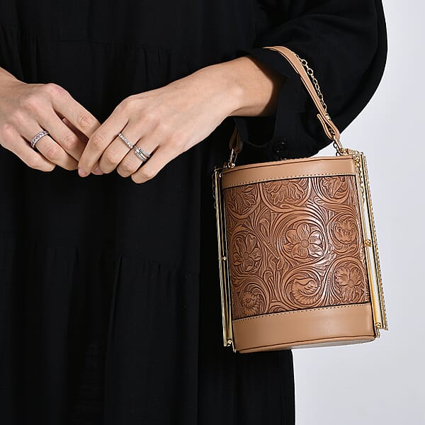 Shop Lc Brown Flower Embossed Faux Leather Cylinder Clutch Bag With Shoulder Strap