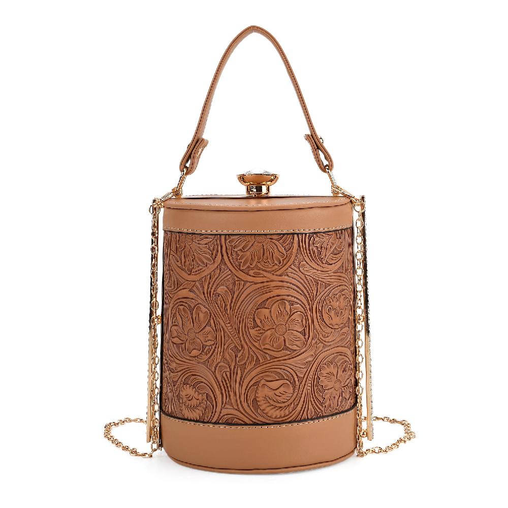 shop lc Brown Flower Embossed Faux Leather Cylinder Clutch Bag with Shoulder Strap