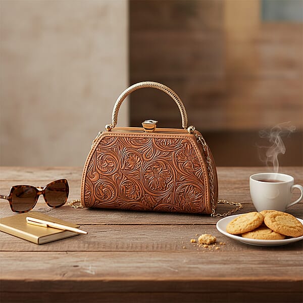 Shop Lc Brown Flower Embossed Faux Leather Trapezoidal Clutch Bag With Shoulder Strap