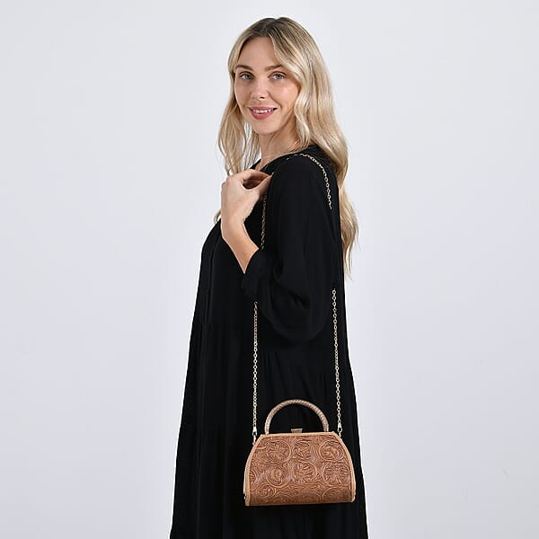 Shop Lc Brown Flower Embossed Faux Leather Trapezoidal Clutch Bag With Shoulder Strap