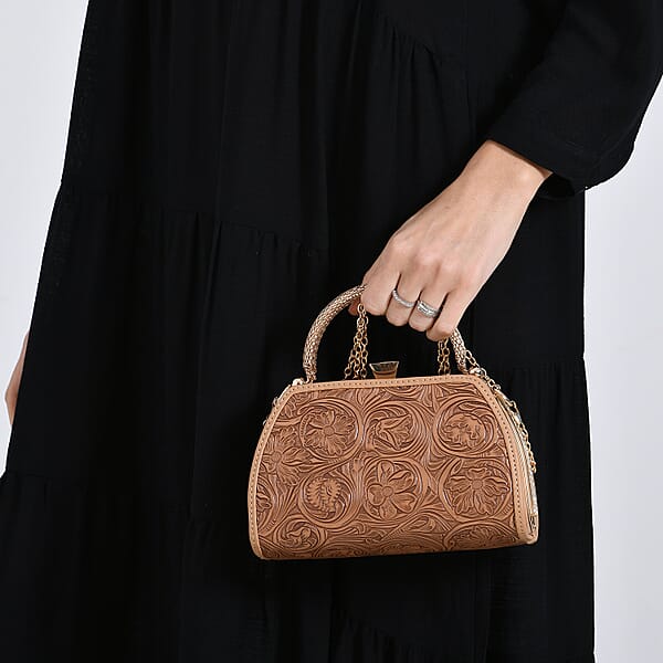 Shop Lc Brown Flower Embossed Faux Leather Trapezoidal Clutch Bag With Shoulder Strap