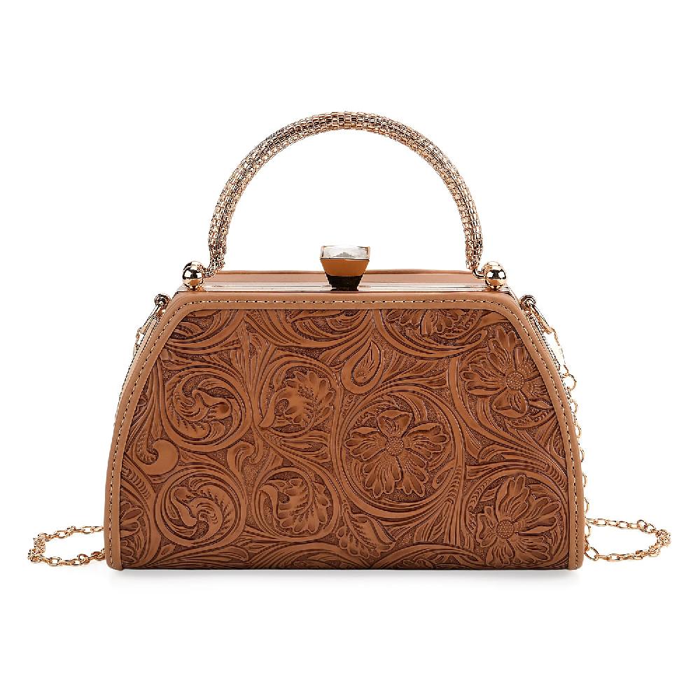 shop lc Brown Flower Embossed Faux Leather Trapezoidal Clutch Bag with Shoulder Strap