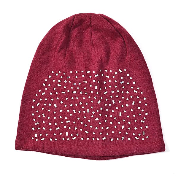 Shop Lc Burgundy Cashmere Blend Crystal Beanie And 1 Pair Gloves Set