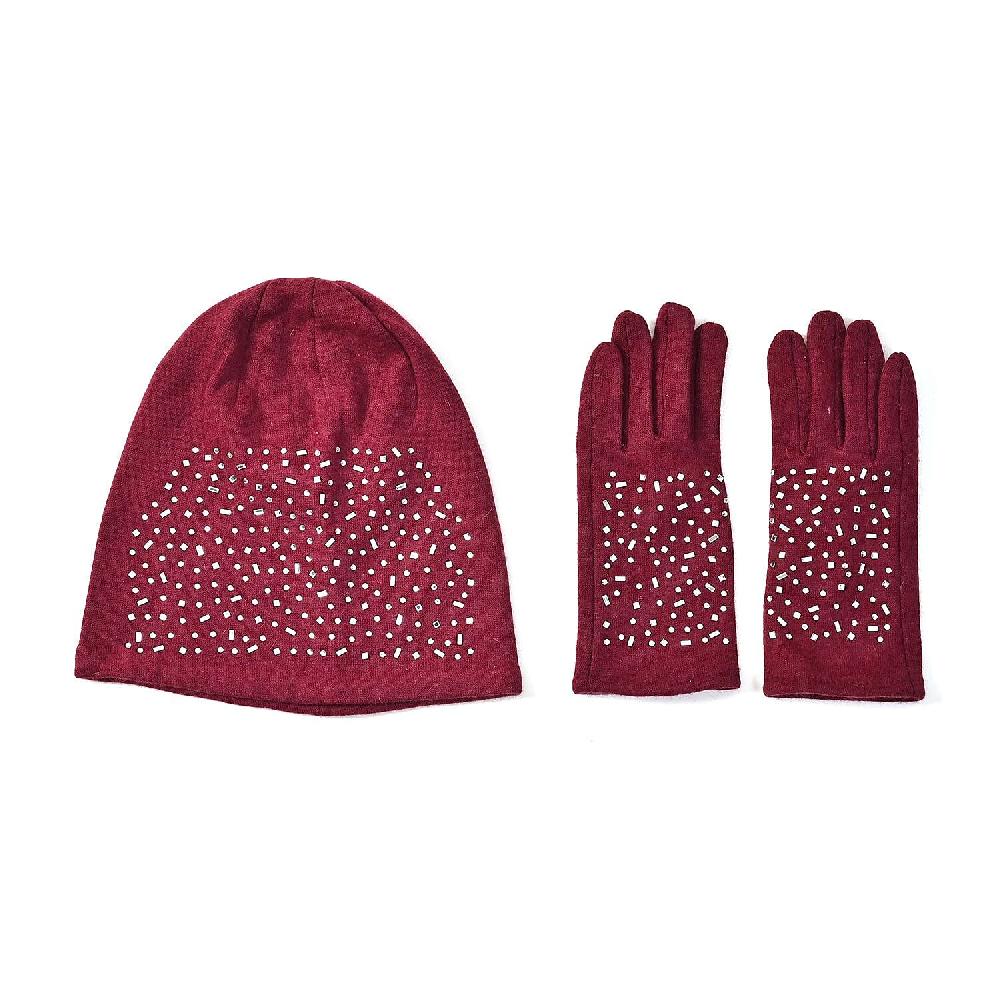 shop lc Burgundy Cashmere Blend Crystal Beanie and 1 Pair Gloves Set