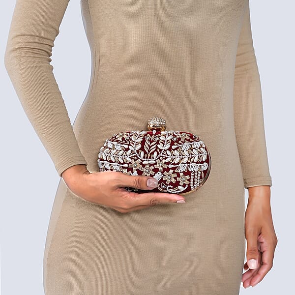 Shop Lc Burgundy Hand Embroidery Oval Shaped Pearl Studded Velvet Clutch