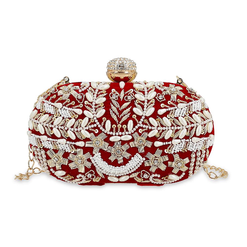 shop lc Burgundy Hand Embroidery Oval Shaped Pearl Studded Velvet Clutch