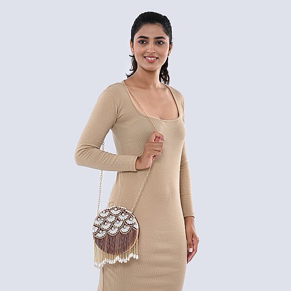 Shop Lc Burgundy Hand Embroidery Pearl Studded Velvet Clutch With Tassels Ring Handle And Sling Chain
