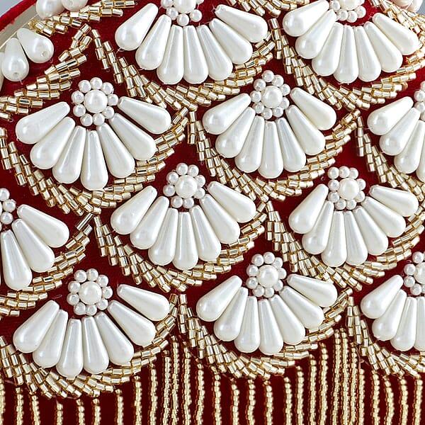 Shop Lc Burgundy Hand Embroidery Pearl Studded Velvet Clutch With Tassels Ring Handle And Sling Chain