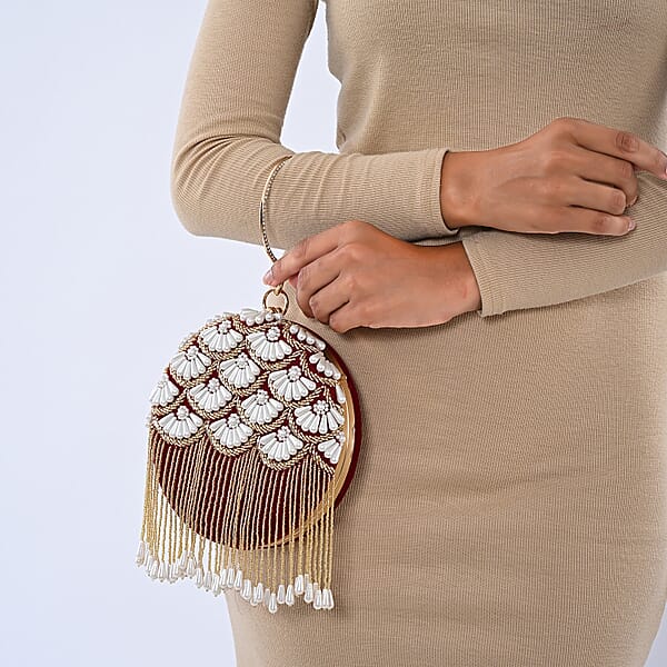 Shop Lc Burgundy Hand Embroidery Pearl Studded Velvet Clutch With Tassels Ring Handle And Sling Chain