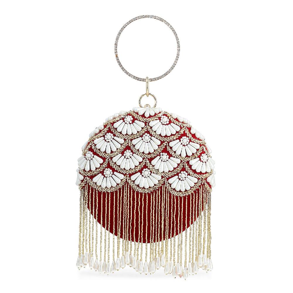 shop lc Burgundy Hand Embroidery Pearl Studded Velvet Clutch with Tassels Ring Handle and Sling Chain