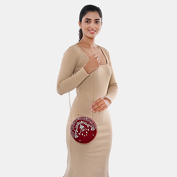 Shop Lc Burgundy Hand Embroidery Round Shaped Beads Studded Velvet Clutch With Ring Handle And Sling Chain