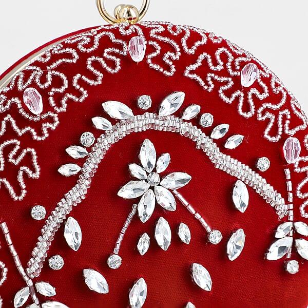 Shop Lc Burgundy Hand Embroidery Round Shaped Beads Studded Velvet Clutch With Ring Handle And Sling Chain