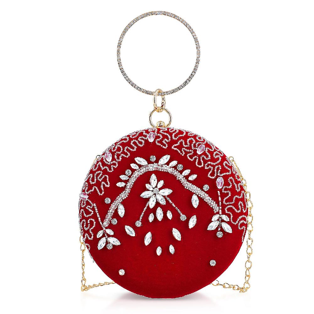 shop lc Burgundy Hand Embroidery Round Shaped Beads Studded Velvet Clutch with Ring Handle and Sling Chain