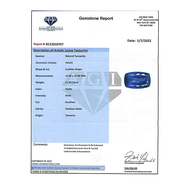 Shop Lc Certified 11.00 Ctw Cushion Tanzanite Loose Gemstone – AAAA Grade Free Size