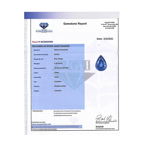 Shop Lc Certified 6.00 Ctw Pear Tanzanite Loose Gemstone – Flawless AAAA Grade Free Size