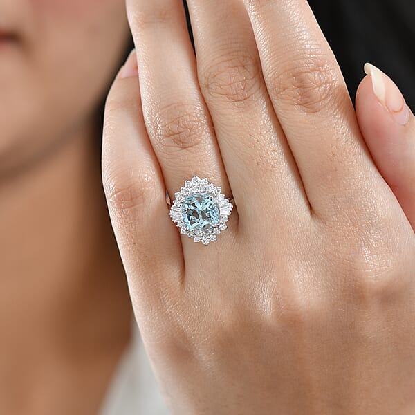 Shop Lc Certified AAA Mangoro Aquamarine Diamond Ballerina Ring In 10K White Gold 3.27 Ctw (Size 10.0)