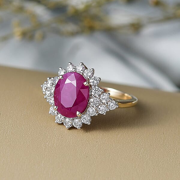 Shop Lc Certified AAA Montepuez Ruby Diamond Sunburst Ring In 10K Yellow Gold 6.40 Ctw