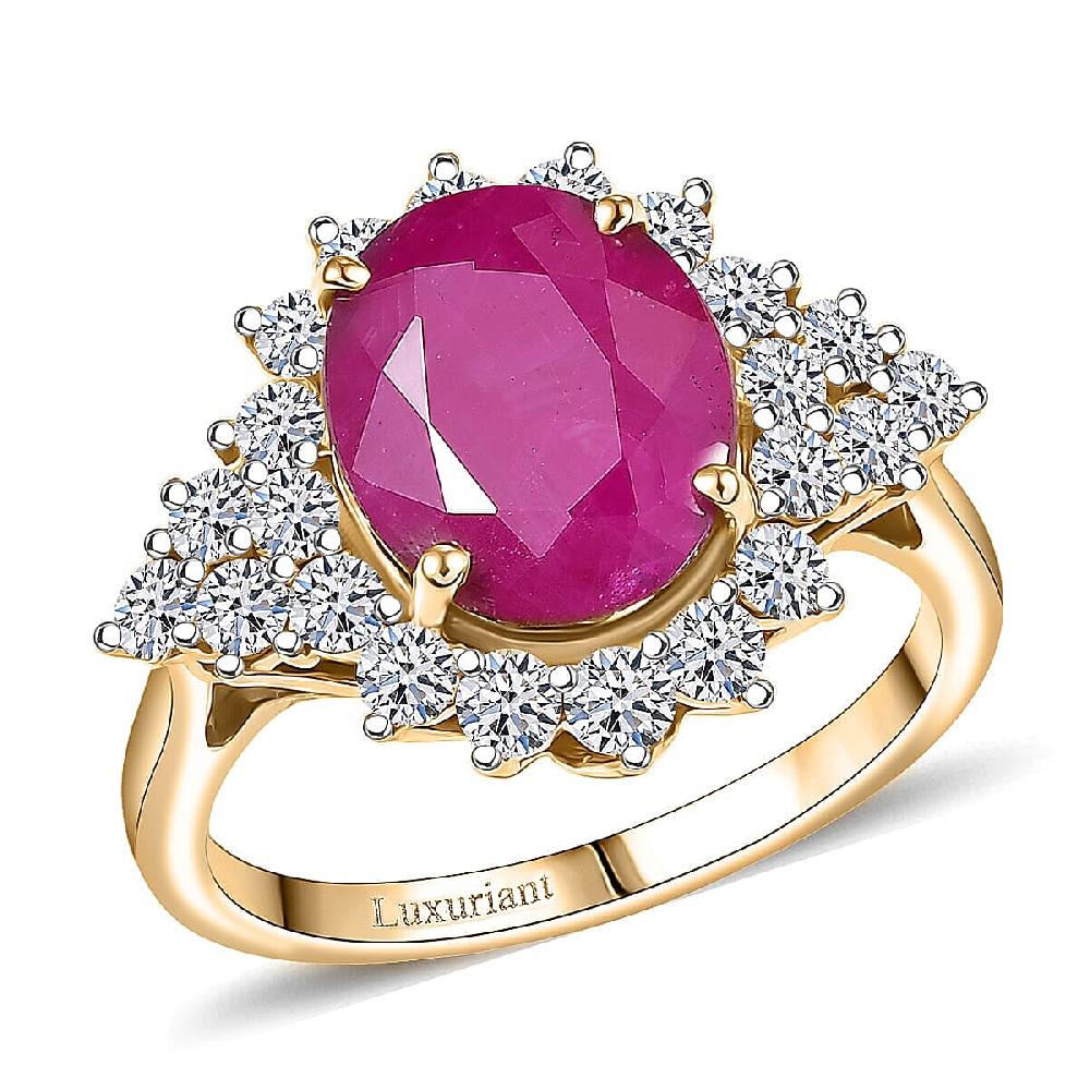 shop lc Certified AAA Montepuez Ruby Diamond Sunburst Ring in 10K Yellow Gold 6.40 ctw