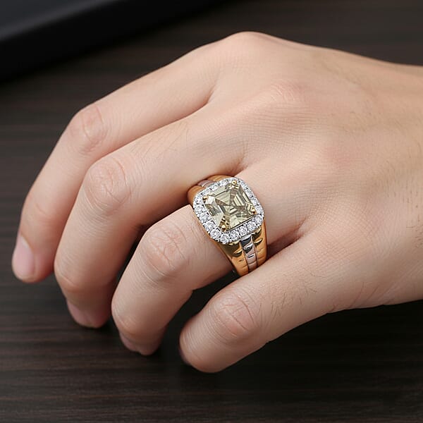 Shop Lc Certified AAA Turkizite Lab Grown Diamond Art Deco Men's Ring In 10K Yellow And White Gold 3.20 Ctw