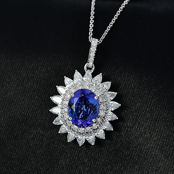 Shop Lc Certified AAAA Tanzanite Lab Grown Diamond Blooming Floral Pendant Necklace In 950 Platinum 6.20 Ctw (20 Inches)