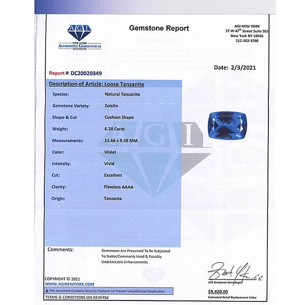 Shop Lc Certified And Appraised Flawless AAAA Tanzanite (Cush Free Size) 6.00 Ctw