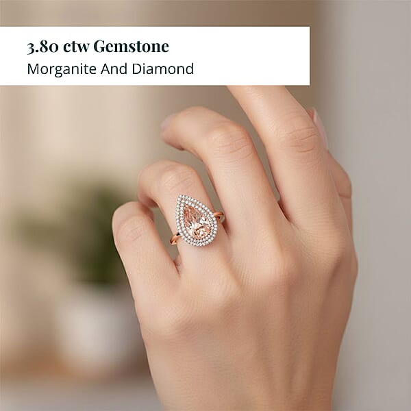 Shop Lc Certified And Appraised Iliana 18K Rose Gold AAA Marropino Morganite And G-H SI Diamond Double Halo Ring 4.68 Grams 3.80 Ctw