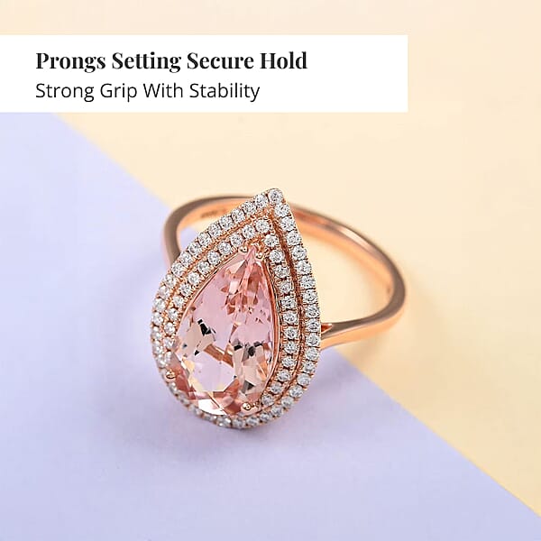 Shop Lc Certified And Appraised Iliana 18K Rose Gold AAA Marropino Morganite And G-H SI Diamond Double Halo Ring 4.68 Grams 3.80 Ctw