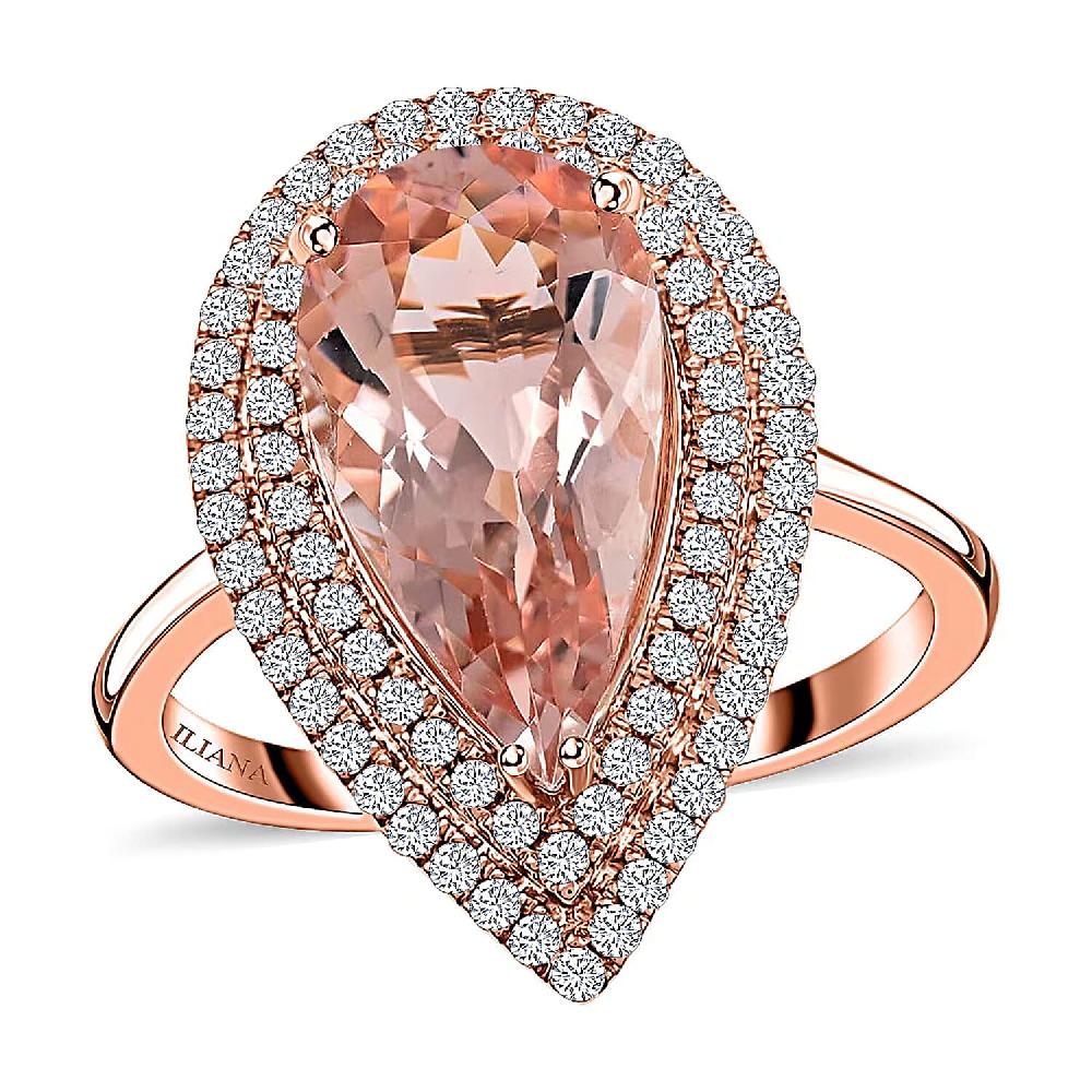 shop lc Certified and Appraised Iliana 18K Rose Gold AAA Marropino Morganite and G-H SI Diamond Double Halo Ring 4.68 Grams 3.80 ctw