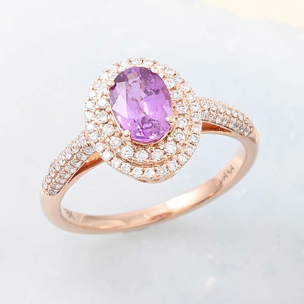 Shop Lc Certified And Appraised Iliana AAA Madagascar Purple Sapphire And G-H SI Diamond 1.40 Ctw Double Halo Ring In 18K Rose Gold