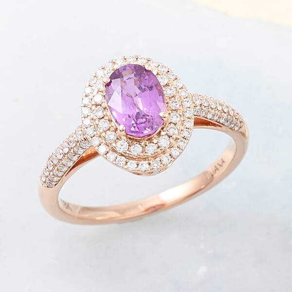 Shop Lc Certified And Appraised Iliana AAA Madagascar Purple Sapphire And G-H SI Diamond 1.40 Ctw Double Halo Ring In 18K Rose Gold