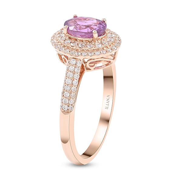 Shop Lc Certified And Appraised Iliana AAA Madagascar Purple Sapphire And G-H SI Diamond 1.40 Ctw Double Halo Ring In 18K Rose Gold