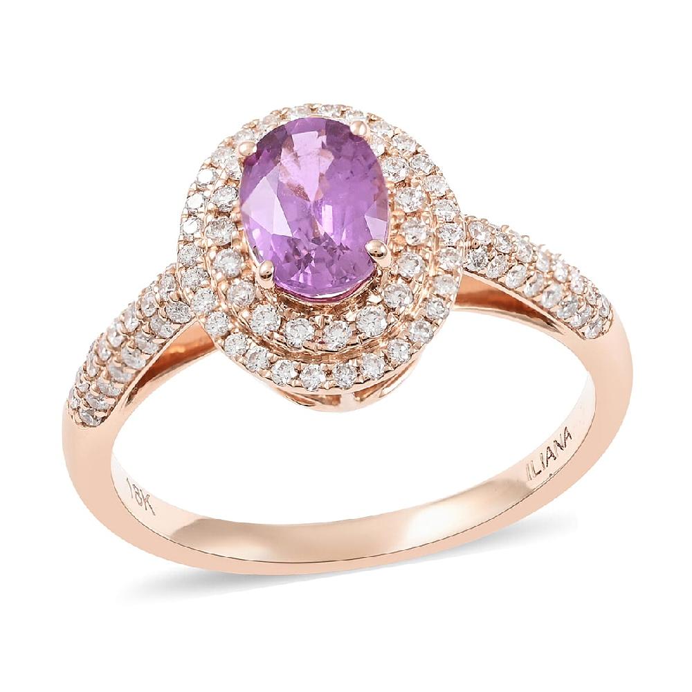 shop lc Certified and Appraised Iliana AAA Madagascar Purple Sapphire and G-H SI Diamond 1.40 ctw Double Halo Ring in 18K Rose Gold