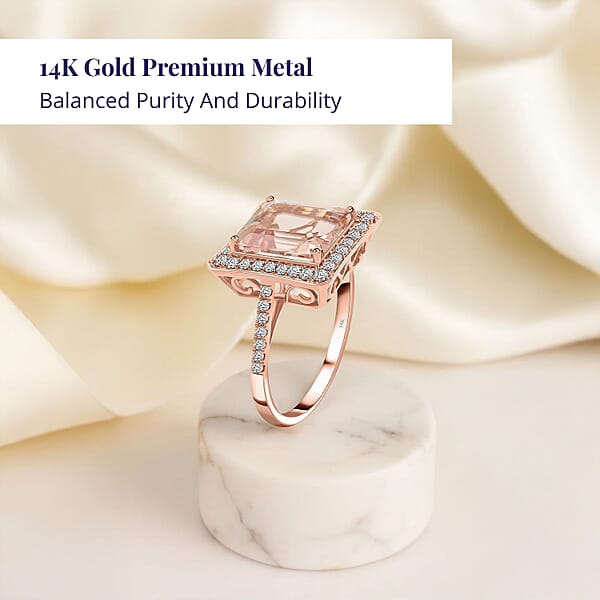 Shop Lc Certified And Appraised Luxoro 14K Rose Gold AAA Marropino Morganite And G-H I2 Diamond Halo Ring 4.35 Grams 4.80 Ctw