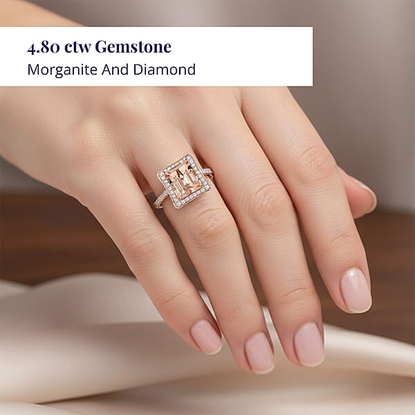 Shop Lc Certified And Appraised Luxoro 14K Rose Gold AAA Marropino Morganite And G-H I2 Diamond Halo Ring 4.35 Grams 4.80 Ctw