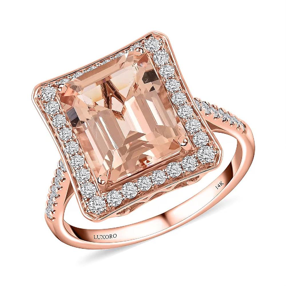 shop lc Certified and Appraised Luxoro 14K Rose Gold AAA Marropino Morganite and G-H I2 Diamond Halo Ring 4.35 Grams 4.80 ctw