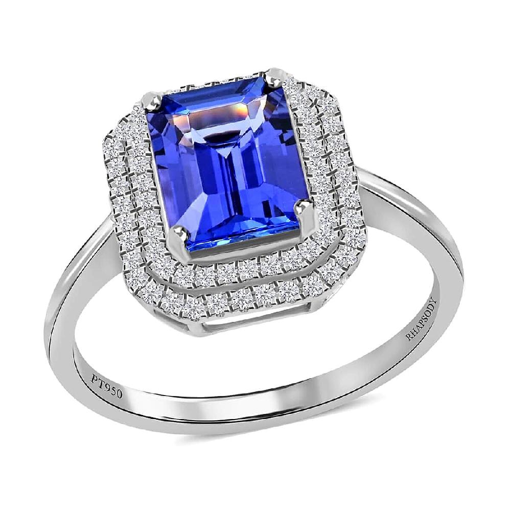 shop lc Certified and Appraised Rhapsody 950 Platinum AAAA Tanzanite and E-F VS Diamond Double Halo Ring 6.15 Grams 3.00 ctw (Del. in 10-15 Days)