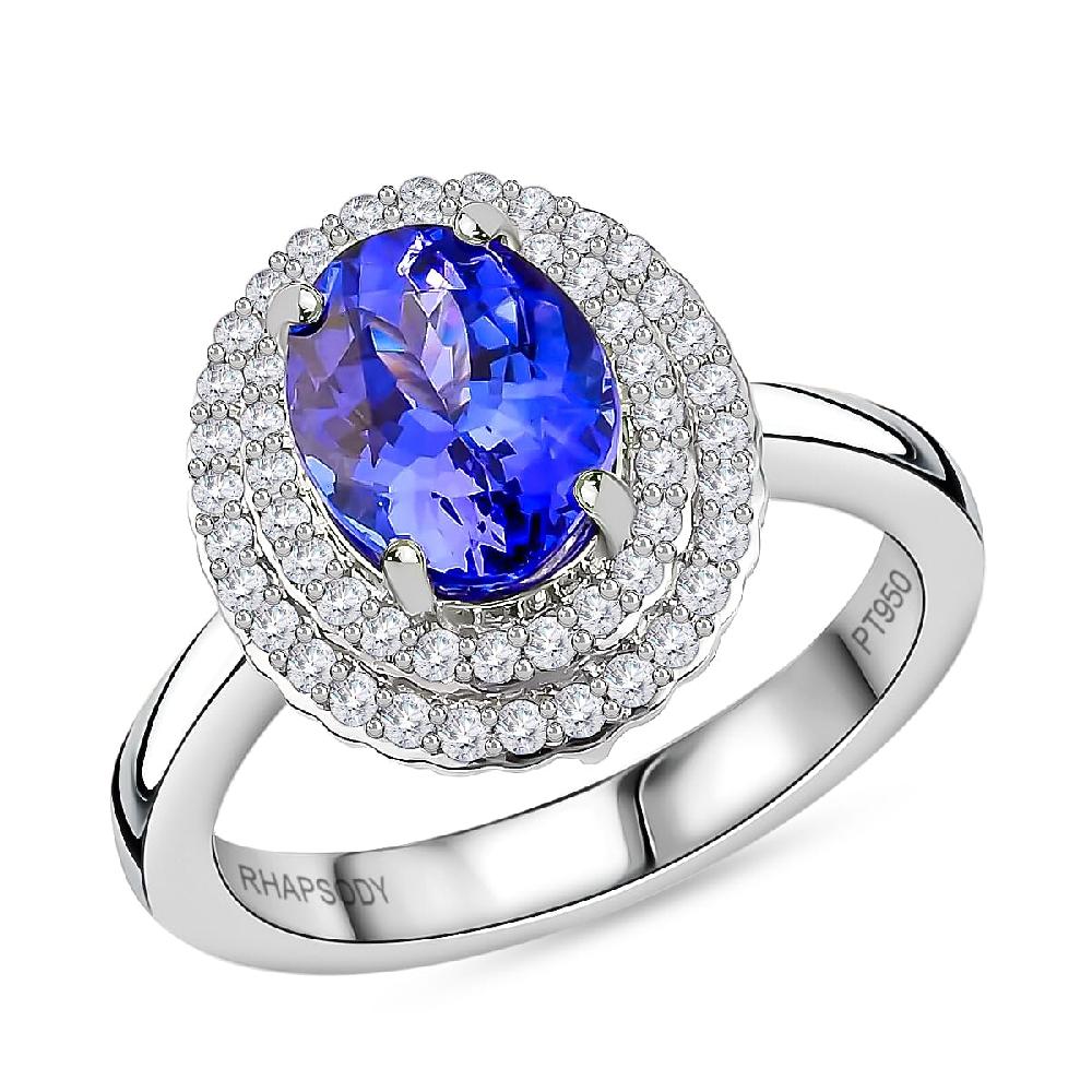 shop lc Certified and Appraised Rhapsody 950 Platinum AAAA Tanzanite and E-F VS2 Diamond Double Halo Ring 7 Grams 2.50 ctw