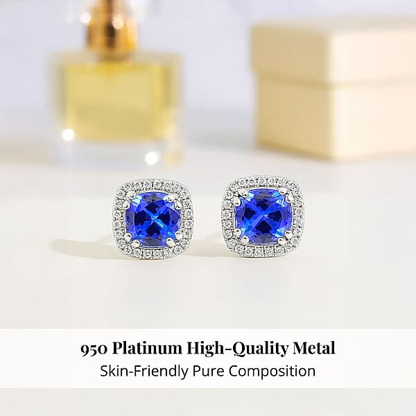 Shop Lc Certified And Appraised Rhapsody AAAA Tanzanite And E-F VS Diamond 2.35 Ctw Halo Stud Earrings In 950 Platinum 4.30 Grams