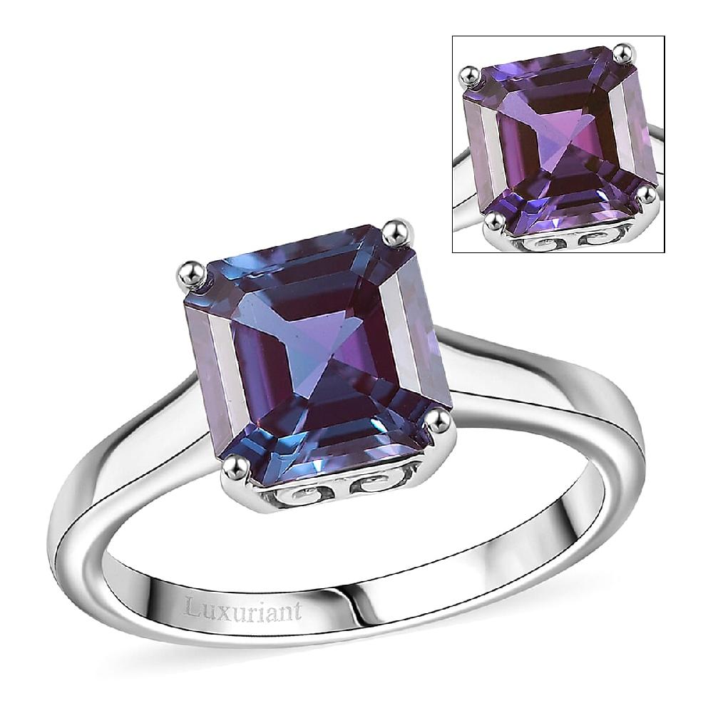 shop lc Certified & Appraised AAA Asscher Cut Luxuriant Lab Grown Alexandrite 2.95 ctw Solitaire Ring in 10K White Gold