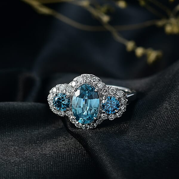 Shop Lc Certified & Appraised AAA Cambodian Blue Zircon And Luxuriant Blue And White Diamond SI 3.00 Ctw Azure Tide Ring In 10K White Gold