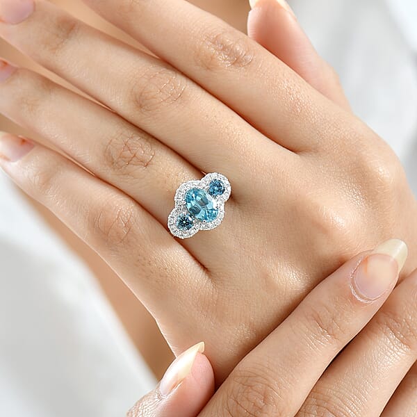 Shop Lc Certified & Appraised AAA Cambodian Blue Zircon And Luxuriant Blue And White Diamond SI 3.00 Ctw Azure Tide Ring In 10K White Gold